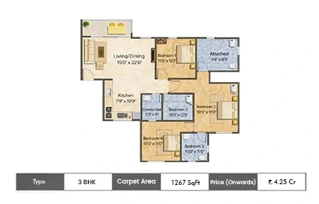 Sunteck City Avenue 5 3 BHK floor plan, 1267 sq ft carpet area